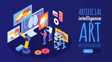 Artificial intelligence art horizontal banner with creative robots painting abstract pictures isometric vector illustrationのイラスト素材