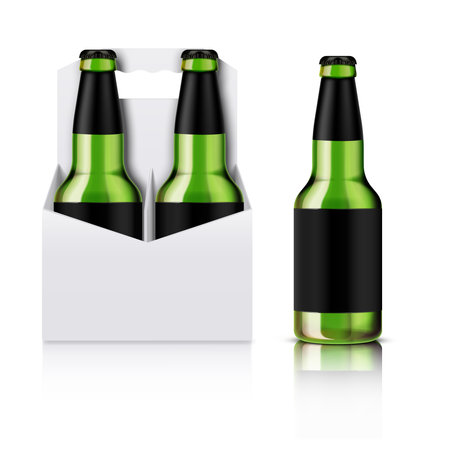 Green glass beer bottle and white pack cardboard box for four bottles with handle realistic composition vector illustrationのイラスト素材
