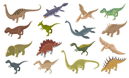 Set with isolated icons of dinosaurs with isometric images of ancient beasts reptiles on blank background vector illustrationのイラスト素材