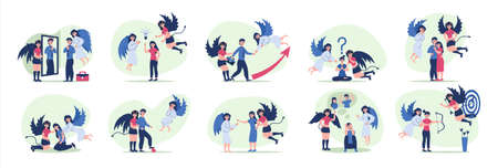 Angels devil set with flat isolated compositions of human characters with wings arrows and concerned...
