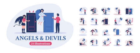 Angels devil compositions set with flat characters of people choosing doors paths making decisions with text vector illustrationのイラスト素材