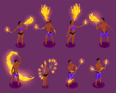 Male and female fire show performers isometric set isolated vector illustrationのイラスト素材
