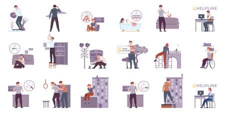 Suicide prevention set with flat isolated compositions of helpline icons and human characters preventing self murdering vector illustrationのイラスト素材