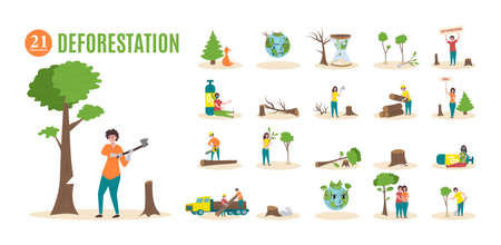 Deforestation composition set with environmental protection symbols flat isolated vector illustrationのイラスト素材