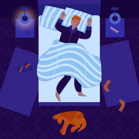 Relaxed man sleeping in bedroom with his dog at night top view flat vector illustrationのイラスト素材
