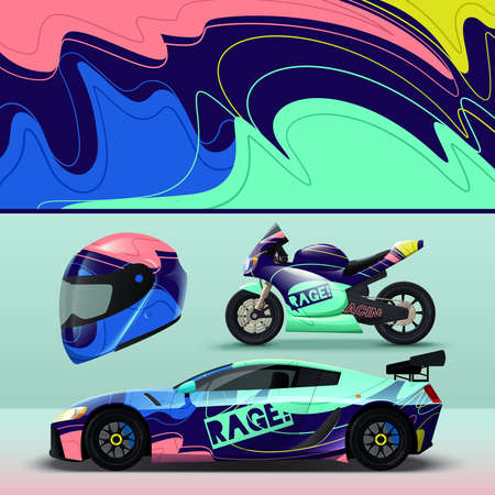 Realistic color abstract livery mockup for racing vehicles and helmet isolated vector illustrationのイラスト素材