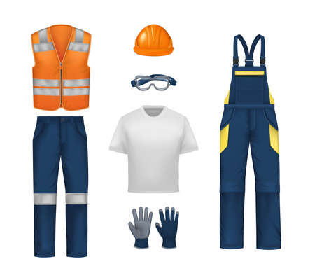 Workwear uniform realistic set with isolated icons of overall orange vest trousers protective gloves and eyeglasses vector illustrationのイラスト素材