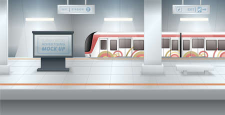 Advertising mockup on empty subway station platform with train in background realistic vector illustrationのイラスト素材
