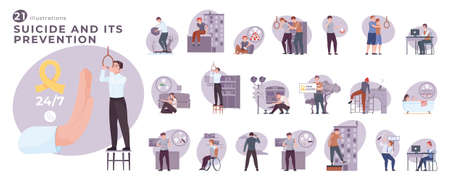 Suicide prevention set with compositions of people trying to commit suicide receiving psychological help from specialists vector illustrationのイラスト素材