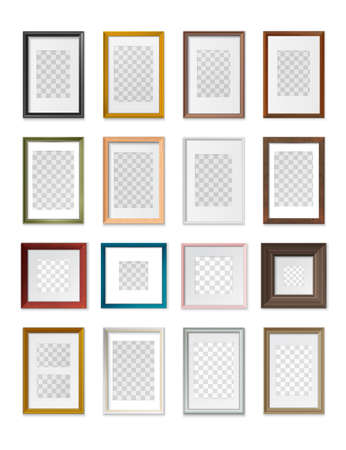 Square and rectangular picture frames transparent background various types sizes material color realistic mock up set vector illustrationのイラスト素材