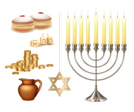 Happy hanukkah jewish festival celebration set with menora candelabrum lights six pointed david star symbols vector illustrationのイラスト素材