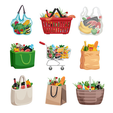 Shopping bag colored set of paper plastic and textile bags basket and cart filled to top with food isolated vector illustrationのイラスト素材