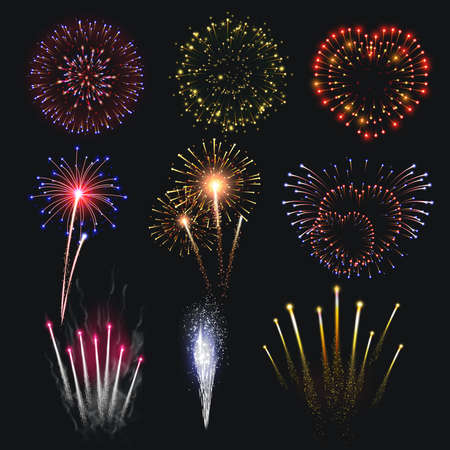 Pyrotechnics and fireworks set with show symbols on black background realistic isolated vector illustrationのイラスト素材