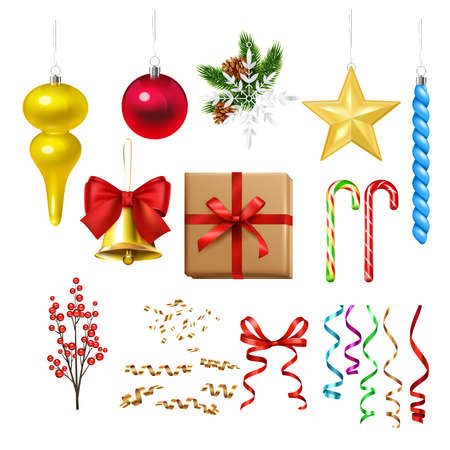 Christmas decoration set with tinsel pinecone and present symbols realistic isolated vector illustrationのイラスト素材