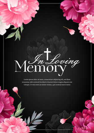Vertical in loving memory mourning card with colored flowers on black background realistic vector illustrationのイラスト素材