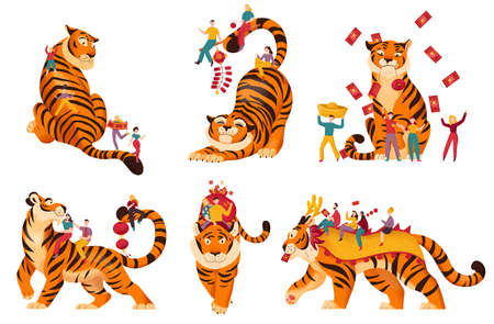 Tiger chinese zodiac sign funny flat set with animals happy people holding traditional holiday decorations isolated vector illustrationのイラスト素材