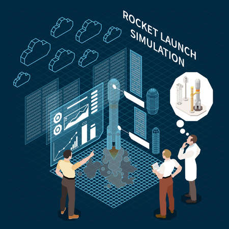 Digital twin technology composition with 3d rocket launch simulation process and three human...