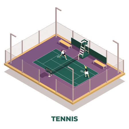 Tennis isometric composition with isolated text and sport playground with playing people with rackets and ball vector illustrationのイラスト素材