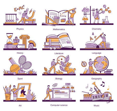 School education subject set of isolated compositions with editable text captions and images of learning materials vector illustrationのイラスト素材