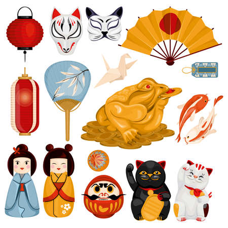 Japanese asian national cultural fortune symbols set with isolated images of dolls masks and hanging lanterns vector illustrationのイラスト素材