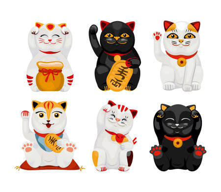 Japanese lucky cat maneki neko set of isolated icons with oriental mascot pet animal vector illustrationのイラスト素材
