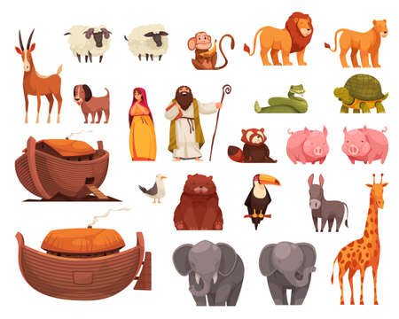 Noahs ark set of isolated icons with human characters of bible characters with animals and boat vector illustrationのイラスト素材