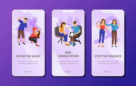 Domestic violence flat app design set of three vertical banners with images text and page switch vector illustrationのイラスト素材