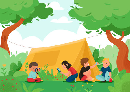 Summer children playing activity tent composition children looking for and looking at berries in the woods vector illustrationのイラスト素材