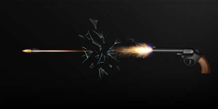 Pistol shot flash with bullet in motion breaking glass on black background realistic vector illustrationのイラスト素材