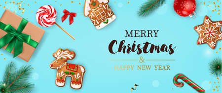 Realistic christmas horizontal poster with merry christmas and happy new year headline with gingerbread cookies around vector illustrationのイラスト素材
