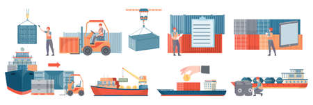 Trade ship flat icons set of delivery water transport and equipment for cargo transshipment isolated...