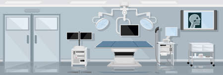 Medical operating room horizontal illustration demonstrated modern advanced equipment for surgery operation flat vector illustrationのイラスト素材