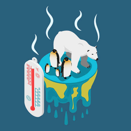 Global warming isometric composition with images of white bear and penguins suffering from heat with thermometer vector illustrationのイラスト素材