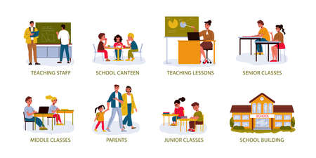 School and study composition set with junior and middle classes symbols flat isolated vector illustrationのイラスト素材