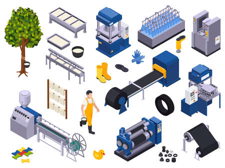 Rubber production isometric set with isolated icons of manufacture worker goods and supplies with...