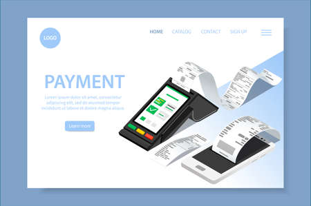 Receipt bill isometric web site landing page with clickable links editable text and images of...