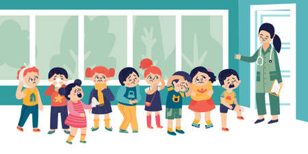 Sad children suffering from diseases injuries flu symptoms wait in queue to doctor office flat vector illustrationのイラスト素材