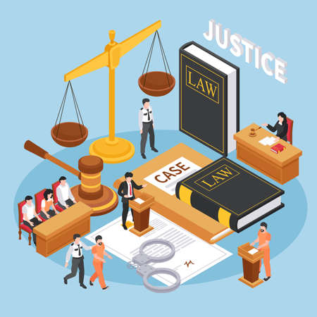 Justice isometric background with judge hammer justice scales handcuffs law code book icons vector illustrationのイラスト素材