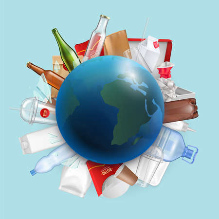 Waste earth realistic composition with image of earth globe on top of round pile of rubbish vector illustrationのイラスト素材
