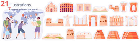 World wonders composition set with tourism symbols flat isolated vector illustrationのイラスト素材