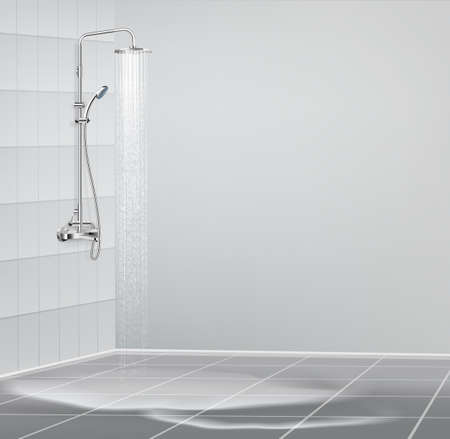 Shower system composition with indoor view of bathroom with tile on walls wet floor and rinse vector illutrationのイラスト素材