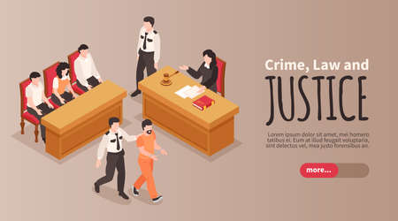 Crime law and justice horizontal banner with judge jury trial guard accompanying the defendant at court hearing isometric vector illustrationのイラスト素材