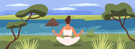 People relax flat background with young woman doing yoga exercise on lawn by river vector illustrationのイラスト素材