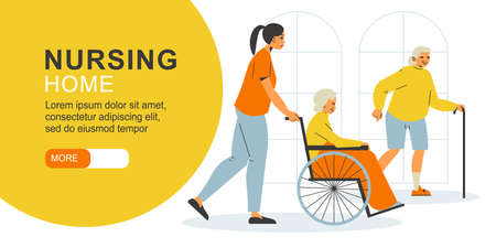 Nursing home horizontal banner with young girl from staff carrying a wheelchair with elderly woman flat vector illustrationのイラスト素材