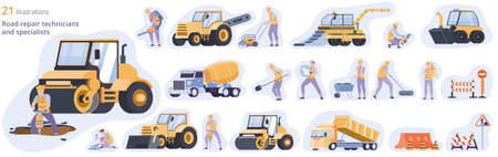 Road surface composition set with repair techicians symbols flat isolated vector illustrationのイラスト素材