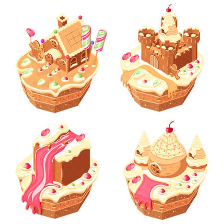 Candy land isometric 2x2 set of isolated compositions of creamy cupcakes with gingerbread houses on top vector illustrationのイラスト素材