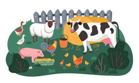 Farm animal composition cow pigs chickens ducks sheep walk on the green lawn vector illustrationのイラスト素材