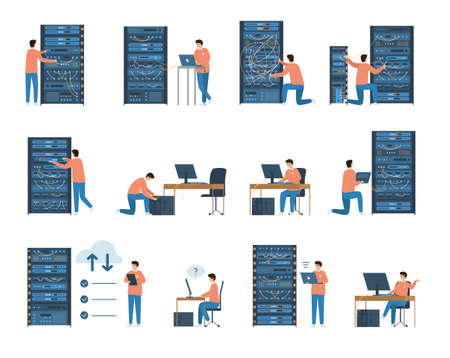 System administrator flat set with isolated icons of computer network infrastructure elements racks and human characters vector illustrationのイラスト素材