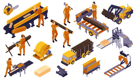 Isolated colored isometric sawmill lumberjack icon set yellow machines tools and equipments vector illustrationのイラスト素材