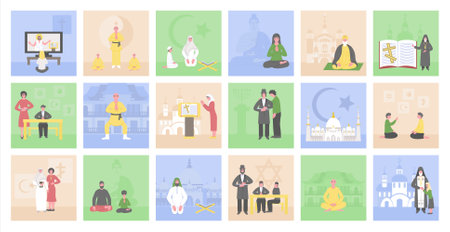 World religions compositions set with flat square compositions of human characters temples churches and religious symbols vector illustrationのイラスト素材